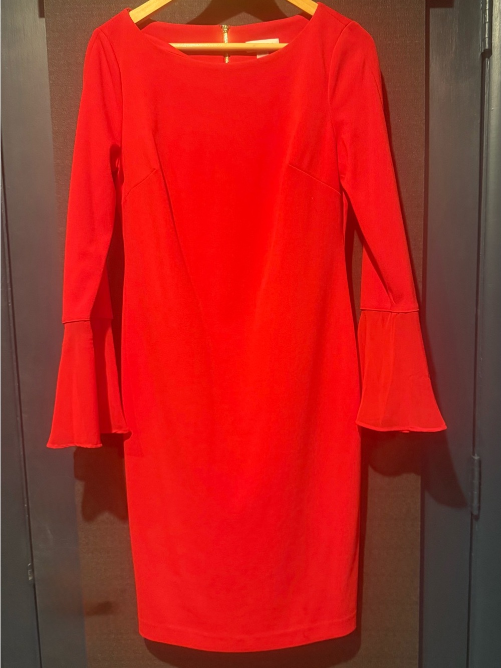 Calvin Klein Red Long Sleeve Bell-Cuff Sheath Dress